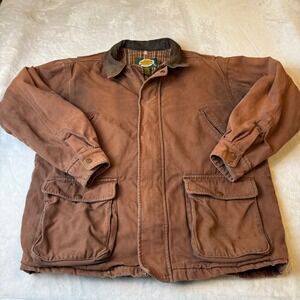 Cabelas Mens Work Jacket Canvas NUBuck Leather Trim Plaid Lined XL Tall Brown